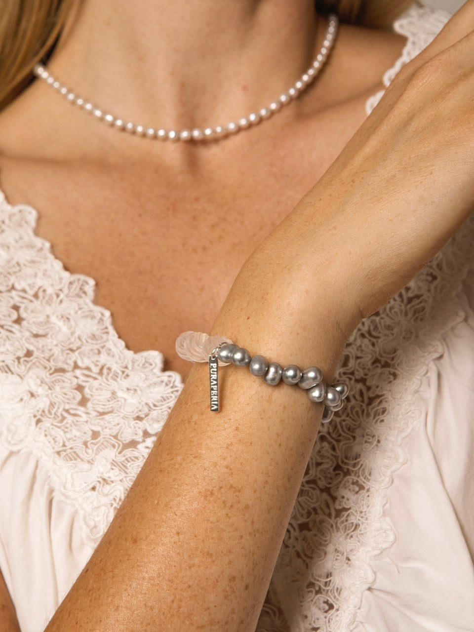 MISTY GLASS Clear Quartz & Grey Pearl Bracelet — SITU mineral jewelry detail