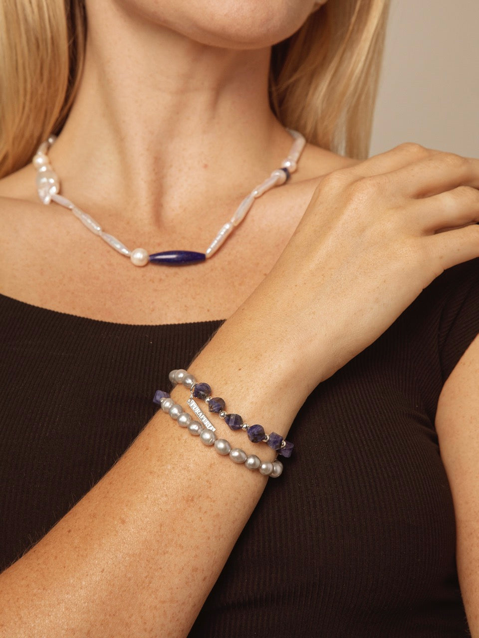 GREY RIPPLE · Sodalite & Pearl Double-Wrap Bracelet