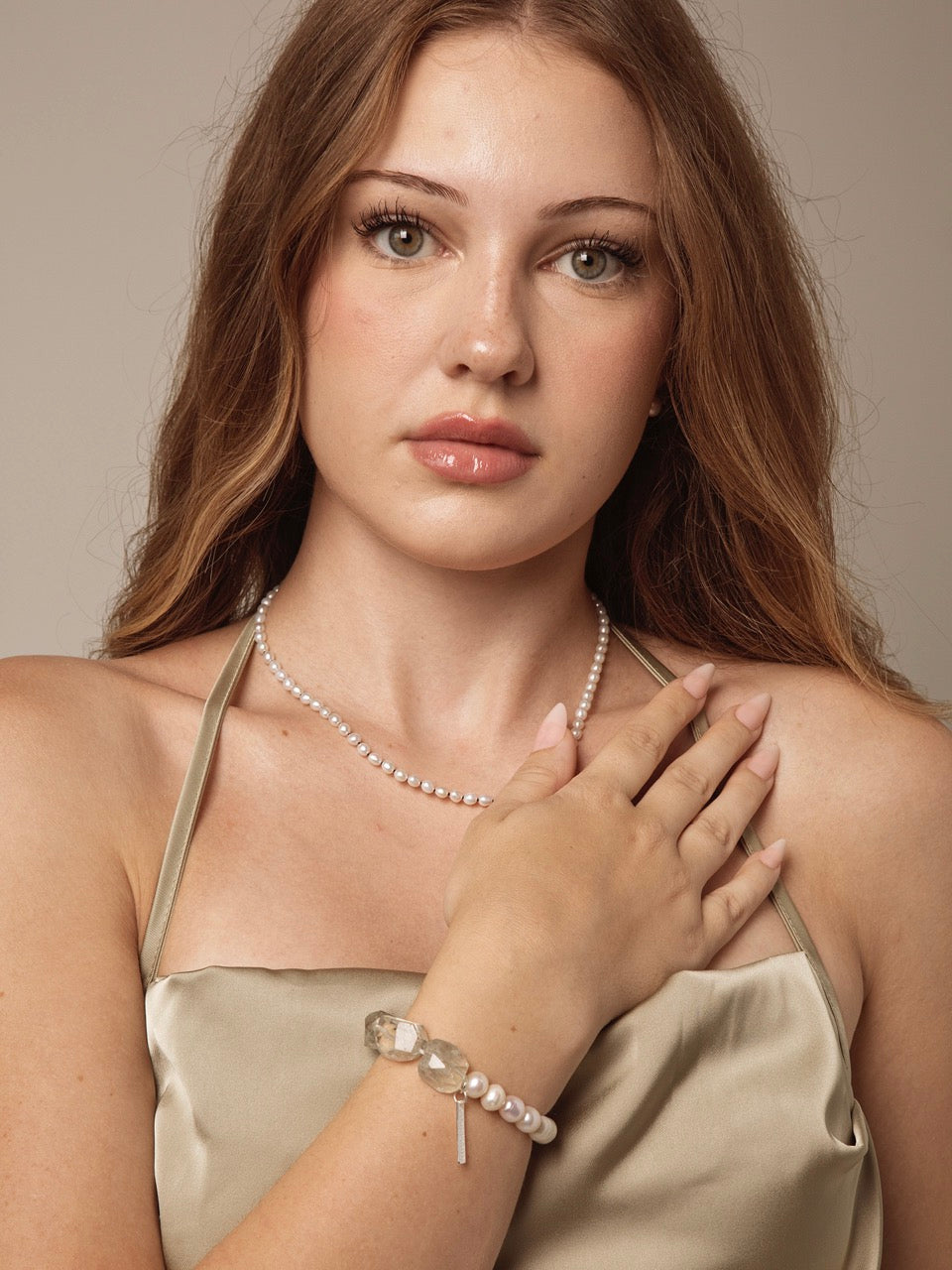 MOSS & ICE · Green Crystal & Pearl Bracelet