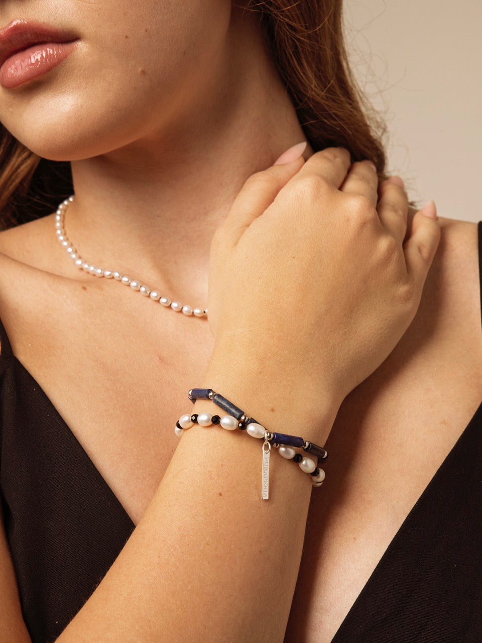 DEEP SURGE Lapis & Pearl Double-Wrap Bracelet — SITU mineral jewelry detail